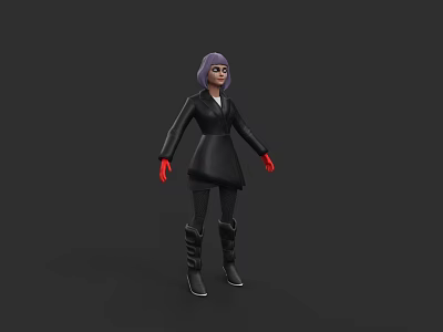 3D Woman With Purple Hair Black Coat Red Gloves Black Boots On Dark Background 3d model