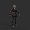 3D Woman With Purple Hair Black Coat Red Gloves Black Boots On Dark Background