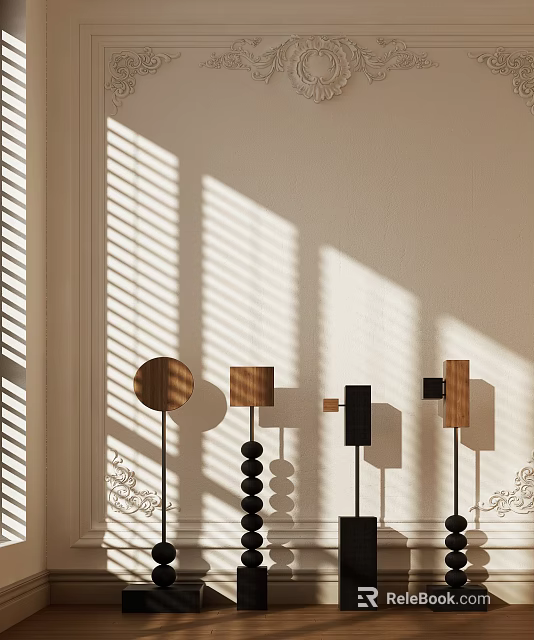 Sunlit Modern Decorative Ornament Set With Wooden Black Shapes And Window Blind Shadows On Wall 3d model 