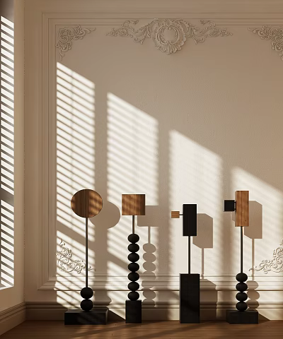 Sunlit Modern Decorative Ornament Set With Wooden Black Shapes And Window Blind Shadows On Wall 3d model
