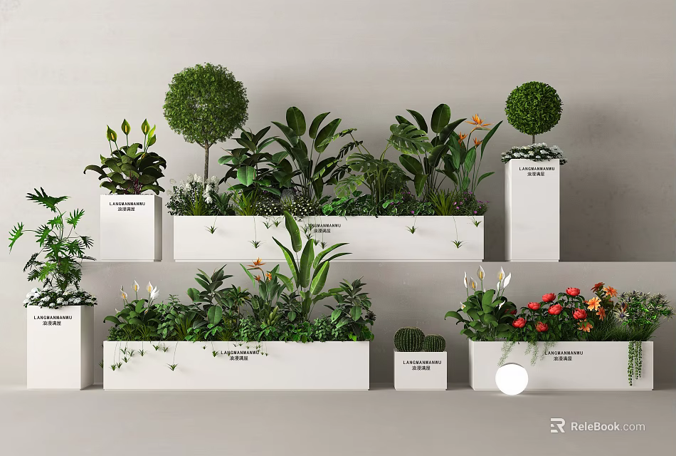 Beautiful Flower And Plant Arrangement With White Planters Rounded Trimmed Greens And Red Blooms 3d model 