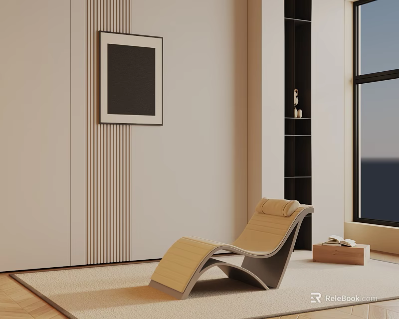 Beige Wooden Leisure Chair In Modern Room With Light Wall Decorative Painting And Window 3d model 