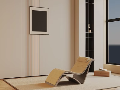 Beige Wooden Leisure Chair In Modern Room With Light Wall Decorative Painting And Window 3d model