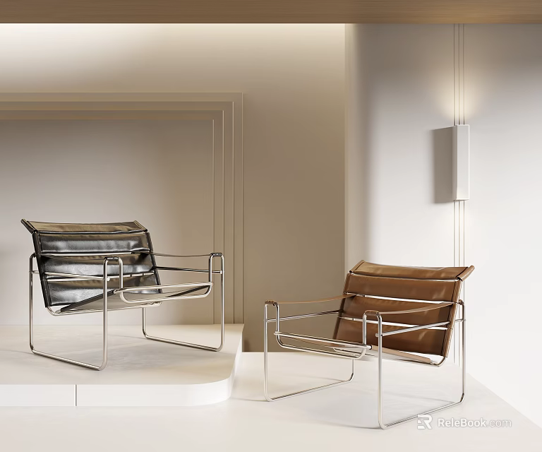 Modern Leisure Chairs With Metal Frame Leather Upholstery In Black Brown Minimalist Interior 3d model 
