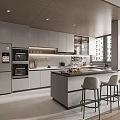 Modern Kitchen Interior Design With Island Counter Cabinets Appliances And Bar Stools