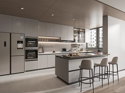 Modern Kitchen Interior Design With Island Counter Cabinets Appliances And Bar Stools 3d model