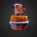 Cartoon Animal Character Wearing Pink Bath Cap in Wooden Barrel Tub With Water