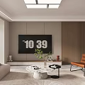 Modern Living and Dining Room With Beige Sofa Round Coffee Table Rug and Floor-to-Ceiling Windows