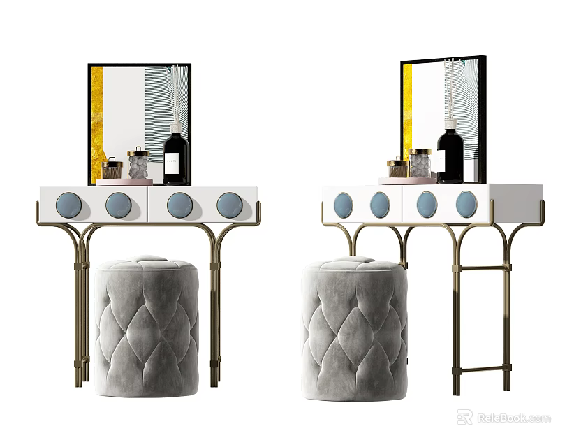 Modern Vanity Dressing Table With Framed Mirror Gold Metal Legs And Velvet Tufted Stool 3d model 