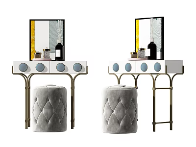 Modern Vanity Dressing Table With Framed Mirror Gold Metal Legs And Velvet Tufted Stool 3d model