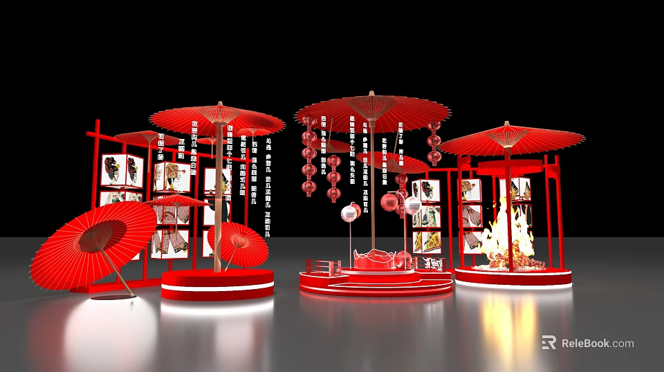 Elegant Red Themed Display Setup With Umbrellas Pictures And Lantern Decorations 3d model