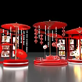 Elegant Red Themed Display Setup With Umbrellas Pictures And Lantern Decorations 3d model
