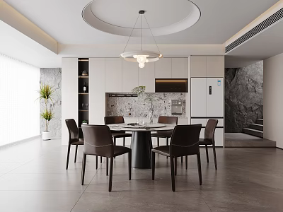 Modern Restaurant Interior With Round Dining Table Brown Chairs Round Pendant Light And Stone Wall Elements 3d model