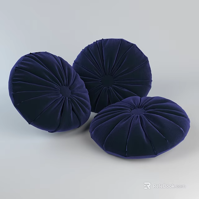 Three Deep Blue Round Velvet Cushions with Pleated Design for Home Decor 3d model 