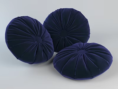 Three Deep Blue Round Velvet Cushions with Pleated Design for Home Decor 3d model
