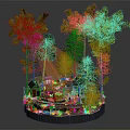 Cartoon Scene With Lush Green Trees Small Cabin Wooden Bridge And Warm Sunlight
