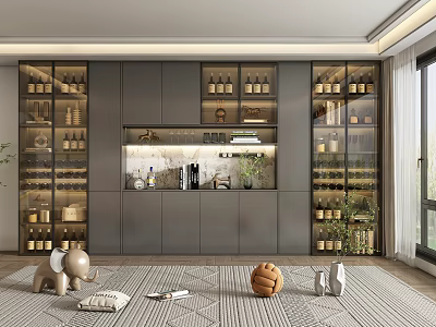 Luxurious Modern Wine Cabinet With Glass Doors Decorative Shelves And Wine Bottles In Living Room 3d model