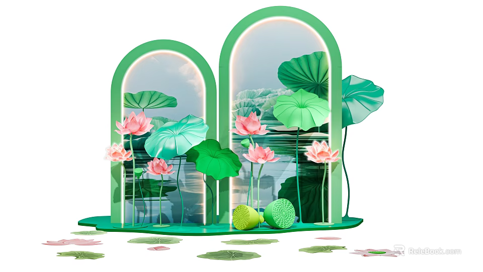 Beautiful Photo Spot With Green Arch Frames Pink Lotus Flowers And Water Reflections 3d model 
