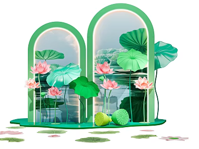 Beautiful Photo Spot With Green Arch Frames Pink Lotus Flowers And Water Reflections 3d model