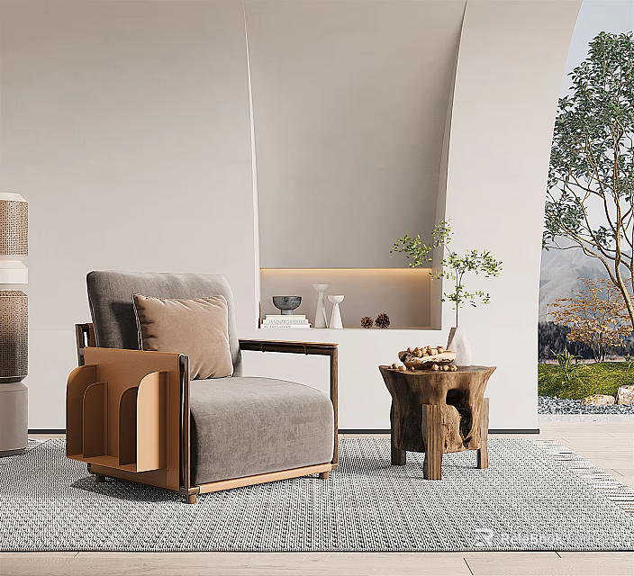Stylish Grey Single Sofa With Wooden Side Table And Decorative Plant In Minimalist Interior 3d model 