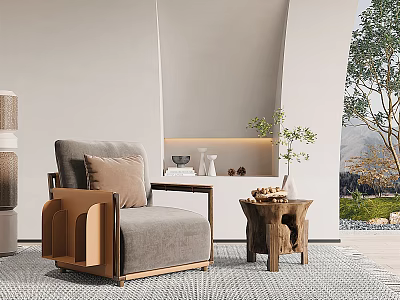 Stylish Grey Single Sofa With Wooden Side Table And Decorative Plant In Minimalist Interior 3d model