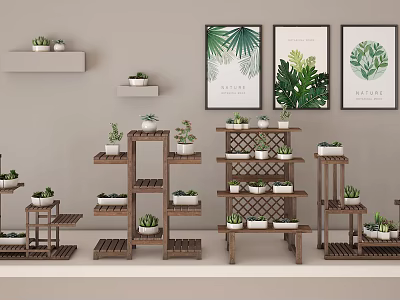 Stylish Wooden Plant Stands With Succulent Plants And Green Leaf Art Prints 3d model