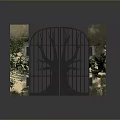Iron Gate With Tree Design Between Stone Pillars And Green Plants