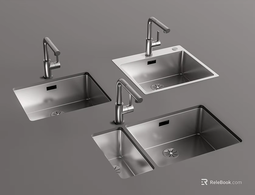 Three Stainless Steel Kitchen Sinks with Faucets for Modern Kitchen Applications 3d model 