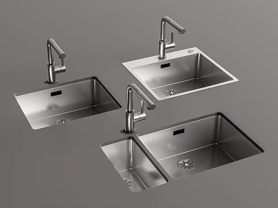 Three Stainless Steel Kitchen Sinks with Faucets for Modern Kitchen Applications 3d model