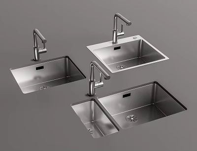 Three Stainless Steel Kitchen Sinks with Faucets for Modern Kitchen Applications 3d model