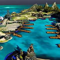 Scenic Landscape With Green Mountains Rocky Shores Water And Buildings