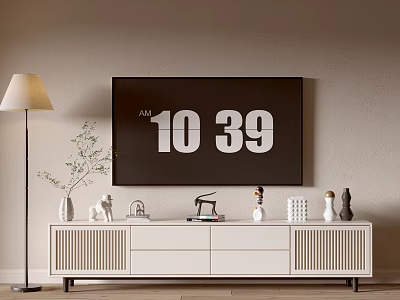 Modern White TV Stand With Drawers And Slatted Design Topped With TV And Decorative Statues 3d model