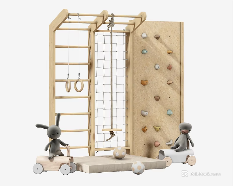 Wooden Kids Play Equipment with Climbing Net Ladder Rings Rock Wall and Bunny Dolls 3d model 