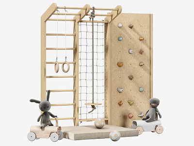 Wooden Kids Play Equipment with Climbing Net Ladder Rings Rock Wall and Bunny Dolls 3d model