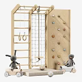 Wooden Kids Play Equipment with Climbing Net Ladder Rings Rock Wall and Bunny Dolls