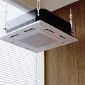 Ceiling Mounted Air Conditioner Fan With Indoor Wooden Wall And Blinds