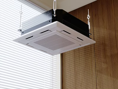 Ceiling Mounted Air Conditioner Fan With Indoor Wooden Wall And Blinds 3d model