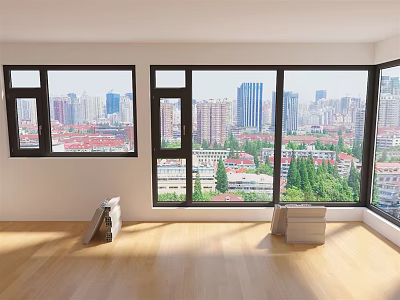 Casement Windows In Bright Room With Wooden Floor And City View 3d model