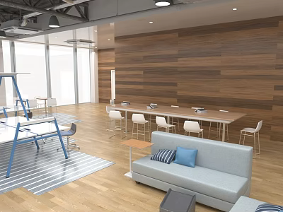 Modern Office Space With Wooden Wall Conference Table And Sofa 3d model