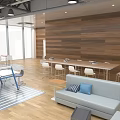 Modern Office Space With Wooden Wall Conference Table And Sofa