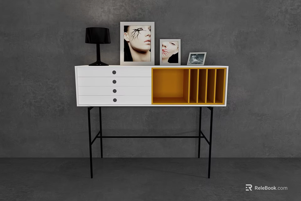 Contemporary Entryway Console And Side Cabinet With White Yellow Drawers Open Shelves Decorative Lamp Frames 3d model 