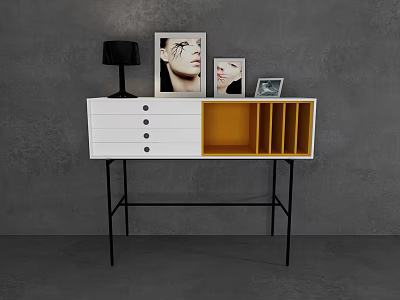 Contemporary Entryway Console And Side Cabinet With White Yellow Drawers Open Shelves Decorative Lamp Frames 3d model