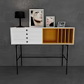 Contemporary Entryway Console And Side Cabinet With White Yellow Drawers Open Shelves Decorative Lamp Frames