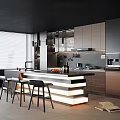 Modern Kitchen Bar With LED Lighting Stools And Open Cabinet Design 3d model