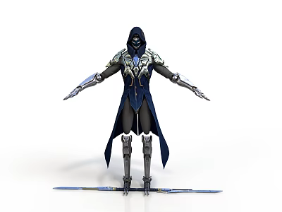 Hooded Fantasy Warrior 3D Model With Blue Silver Armor And Crossed Swords 3d model
