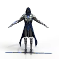 Hooded Fantasy Warrior 3D Model With Blue Silver Armor And Crossed Swords