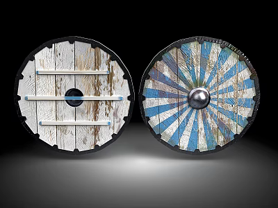 Medieval Shields With Wooden Texture Horizontal Stripes Blue White Radial Patterns And Central Metal Bosses 3d model
