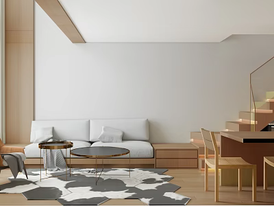 Modern Apartment Living Room Featuring Light Sofa Round Coffee Tables Cowhide Rug and Wooden Floors 3d model