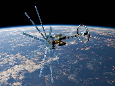 Orbital Space Structure With Solar Panels And Circular Module Above Earth 3d model