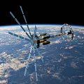 Orbital Space Structure With Solar Panels And Circular Module Above Earth 3d model